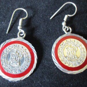 Vintage Mexican Taxco Aztec Calendar Red Inlay & Sterling Silver Dangle Earrings